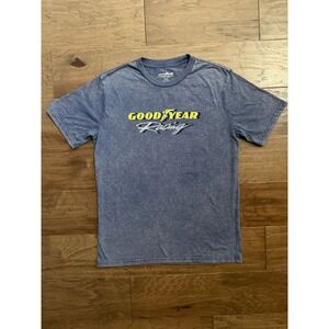 Goodyear Racing Mens Blue Acid Wash Graphic T-Shirt Car Back Print Medium